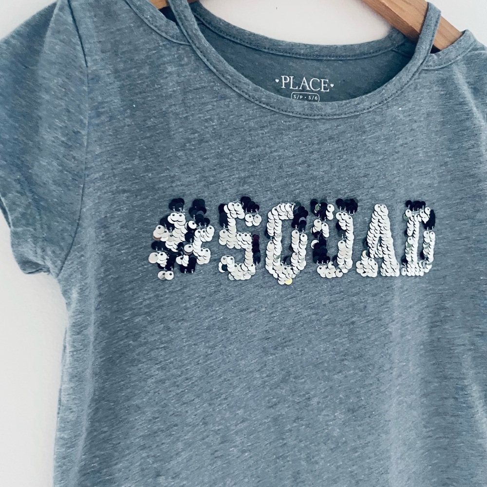 $4 💥Gymnastics Dance #SQUAD Flip Sequin Tee, Cold Shoulder, Blue & Silver